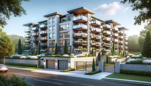 Modern five-story apartment building with numerous balconies, surrounded by landscaped greenery.