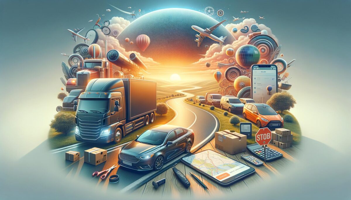 Surreal image of a highway with trucks, cars, and delivery boxes. The background includes planes, gears, hot air balloons, and a smartphone showing maps, set against a sunrise.