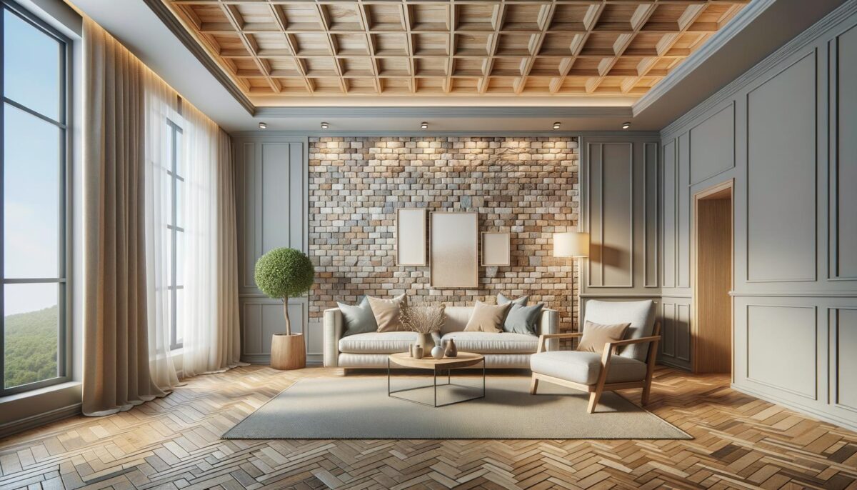 Elegant living room with a brick feature wall, large windows, neutral tones, and wood accents.