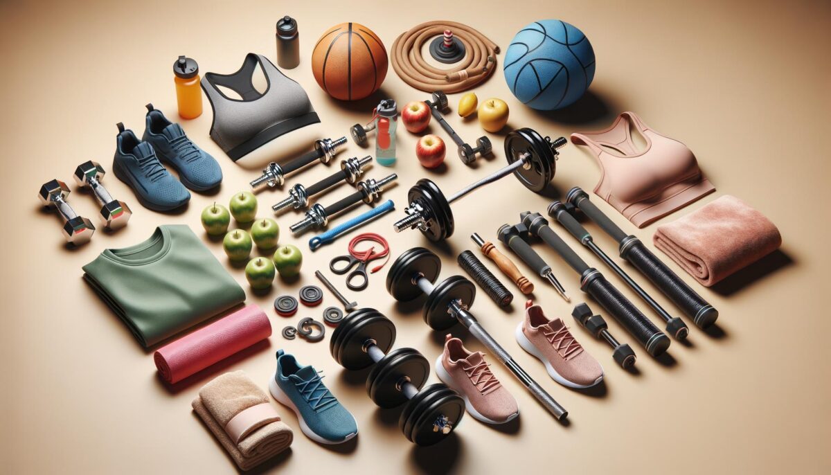 Assorted gym and fitness gear including dumbbells, water bottles, sneakers, sports bras, balls, apples, and towels.
