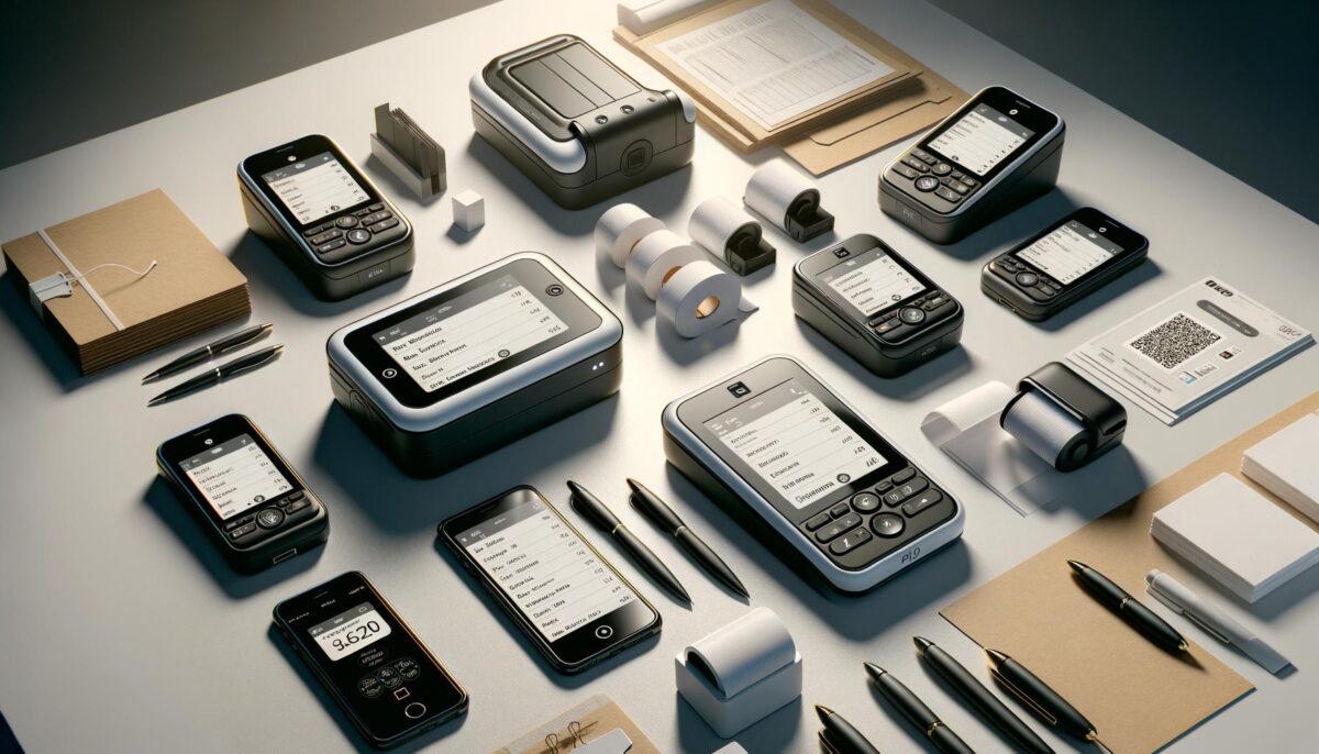 Assorted mobile devices, printers, pens, notepads, and receipt rolls on a table.