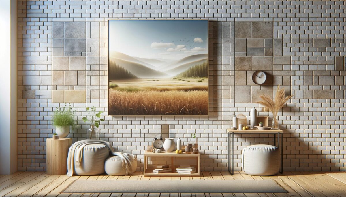 A cozy room with a large landscape painting, textured brick walls, poufs, and minimalist decor including plants and vases.