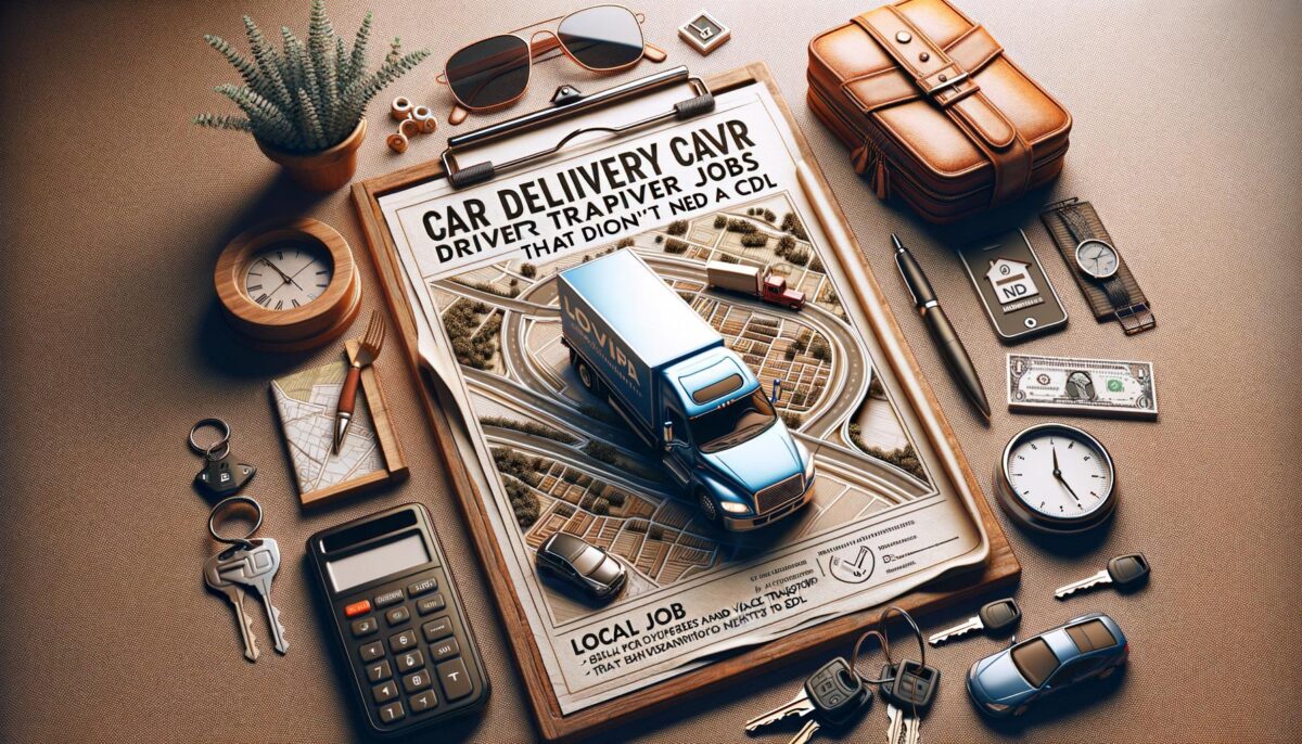 A desk with various items: sunglasses, plant, clock, keys, calculator, wallet, phone, pen, watch, money, model vehicles, and a clipboard with a delivery truck image.