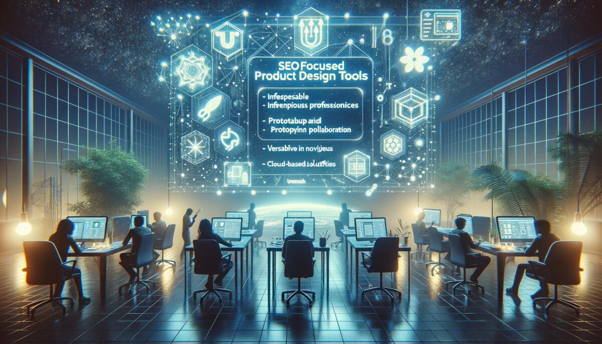 A futuristic office with people working at computers, facing a large digital board displaying "SEO Focused Product Design Tools" and other digital graphics.