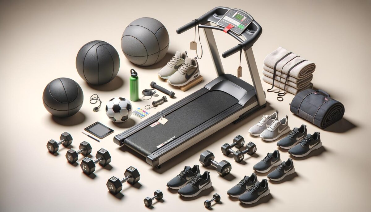Treadmill surrounded by sneakers, dumbbells, basketballs, a soccer ball, water bottle, towels, and yoga mat.