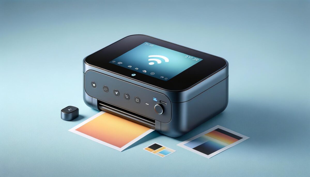 A sleek wireless printer is on a blue surface, printing a photo with vibrant colors, with a touchscreen displaying a Wi-Fi icon.