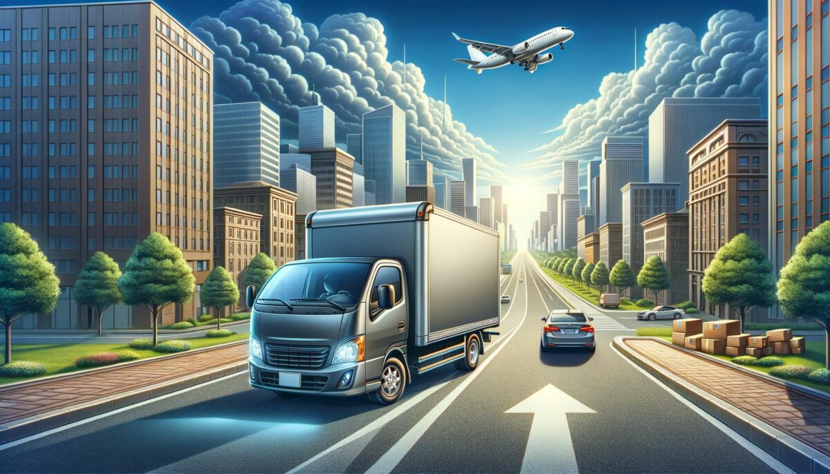 City street with a delivery truck, a car, an airplane overhead, and tall buildings lining the road.