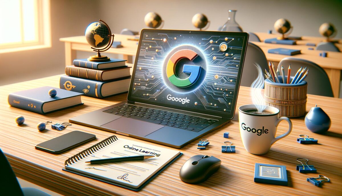 A laptop on a desk with a Google logo on the screen, surrounded by books, a globe, a coffee cup, and stationary items.