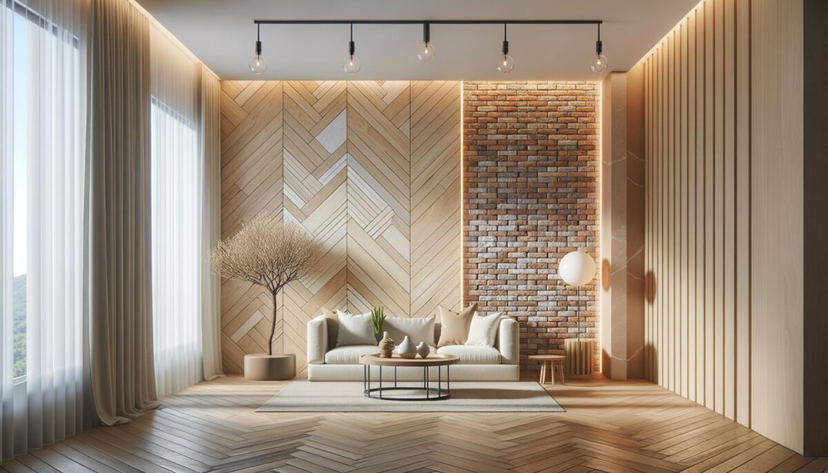 Modern living room with wooden chevron walls, brick accent, white sofa, round coffee table, tree decoration, and large windows with curtains.