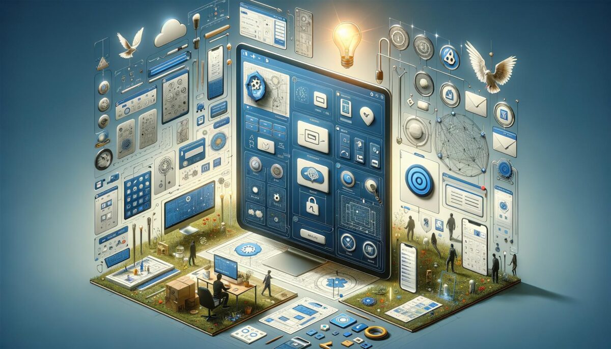 Intricate digital interface with icons and gears, surrounded by tiny figures and grass, symbolizing technology and interaction.