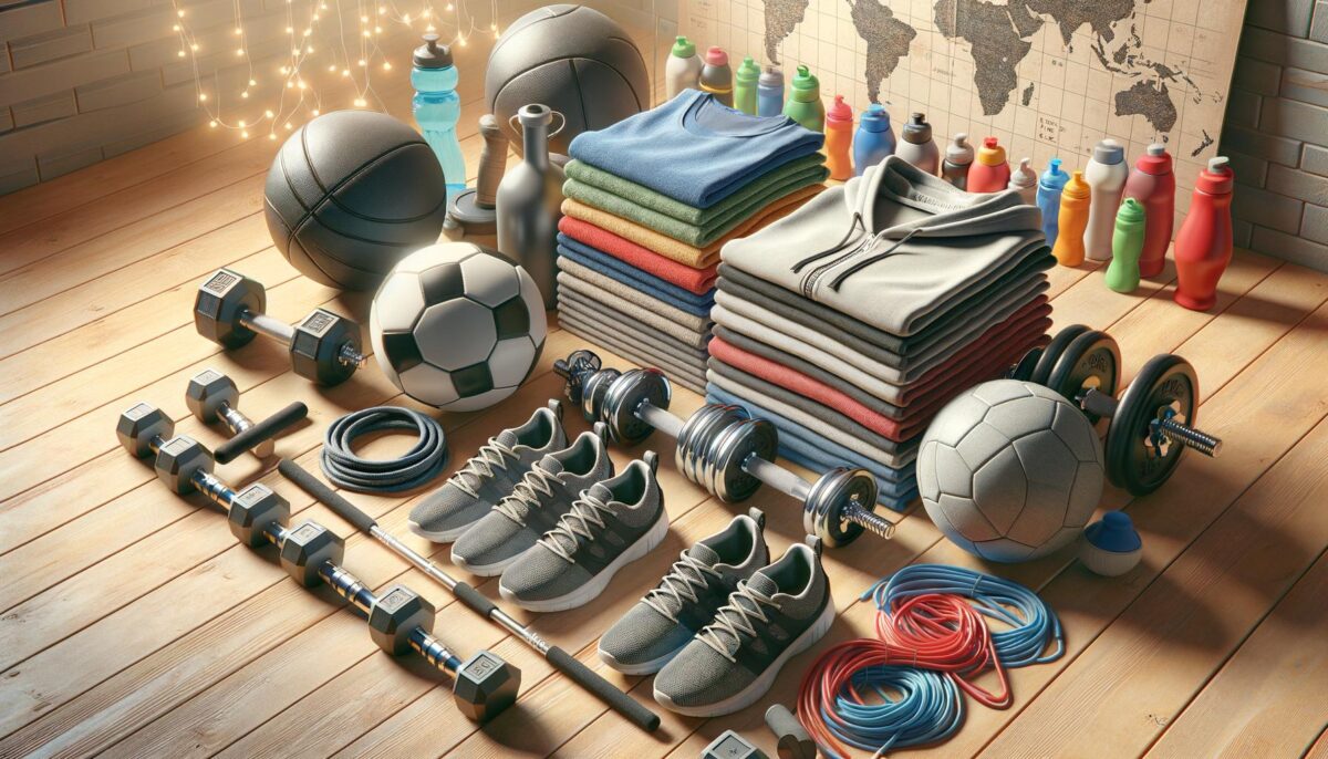 Sports equipment and clothing on a wooden floor, including weights, balls, sneakers, and folded shirts.