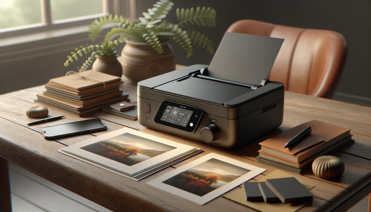 A modern printer on a wooden desk with printed photos, stacks of notebooks, a pen, plant, and smartphone.