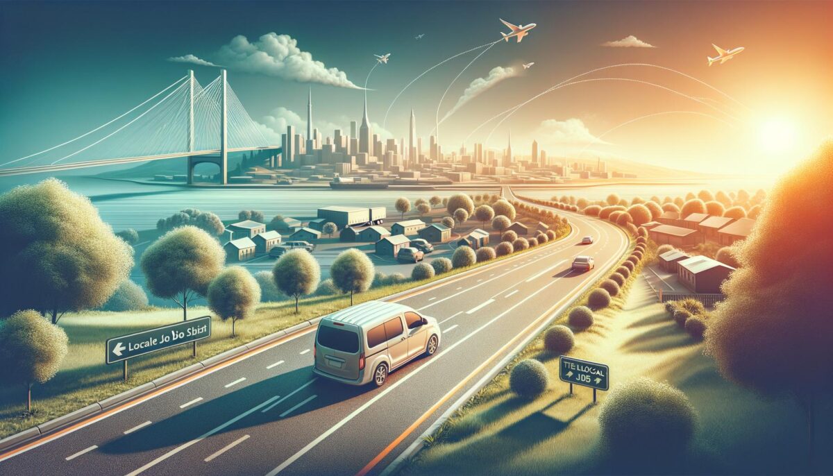 Scenic road with a bridge, city skyline, and airplanes in a bright sunset.