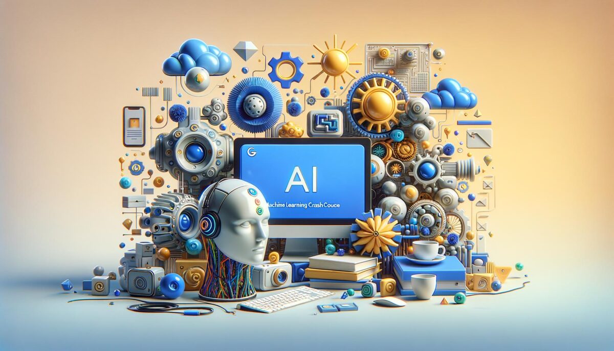 A digital collage of AI elements with gears, a robot head, a computer monitor displaying "AI," clouds, and abstract shapes in blue and orange tones.