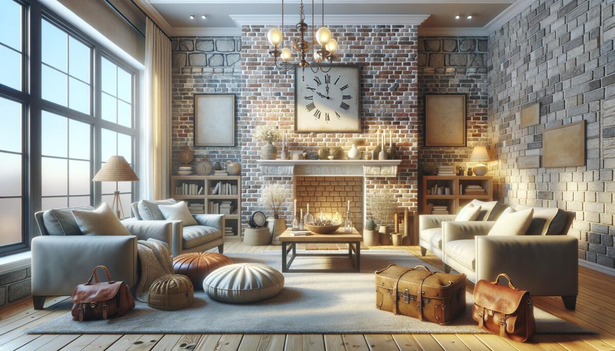 Cozy living room with brick walls, large windows, sofas, a fireplace, and leather bags on a wooden floor.
