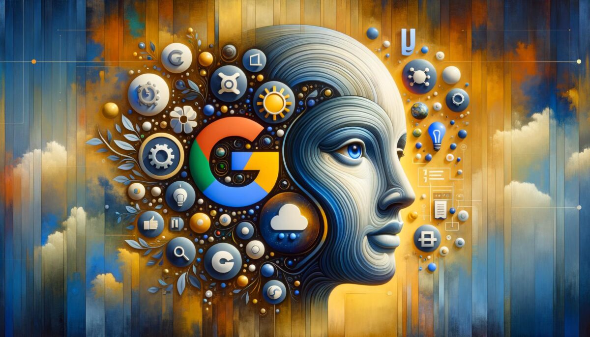 Surreal artwork of a human figure with tech icons and the Google logo integrated into a vibrant, abstract background.
