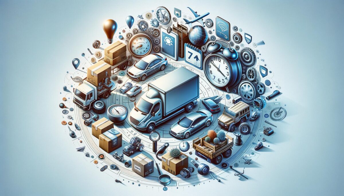 A circular illustration of logistics and transport elements, including trucks, cars, clocks, gears, packages, and digital icons on a light blue background.