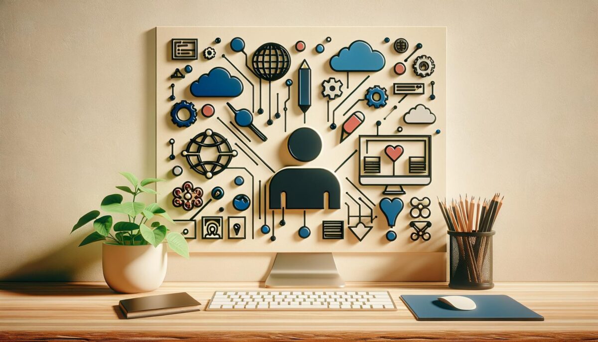 A digital workspace with a computer screen displaying a silhouette surrounded by technology icons, a plant, phone, and pencils on a desk.