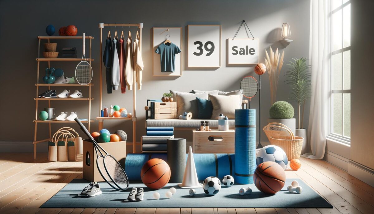 A cozy sports-themed room with athletic apparel, shoes, balls, rackets, yoga mats, and sports accessories neatly arranged, bathed in soft natural light.
