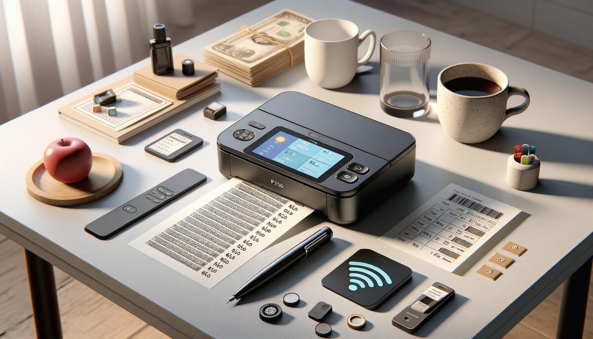 A tidy desk with a printer, coffee cup, apple, money stack, pens, flash drives, and various office items.