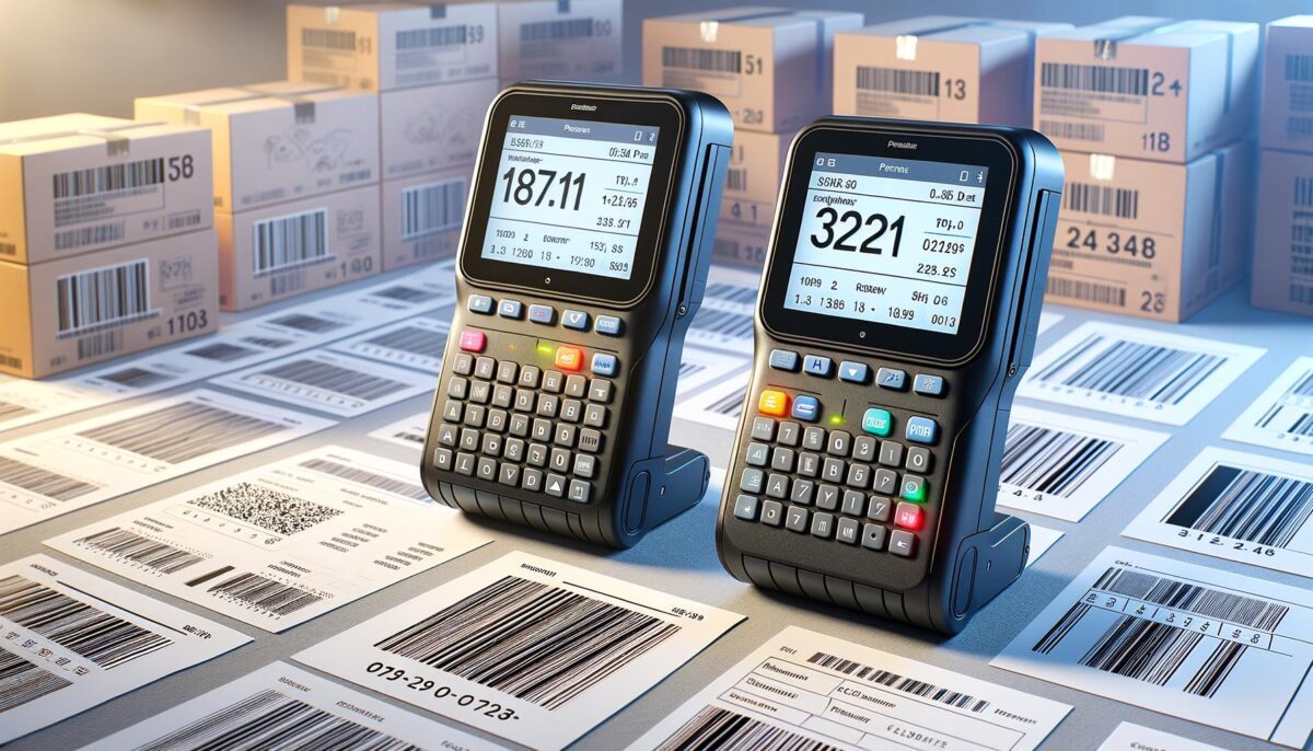 Two handheld devices with screens and keyboards stand on a table covered with barcoded labels, with boxes in the background.