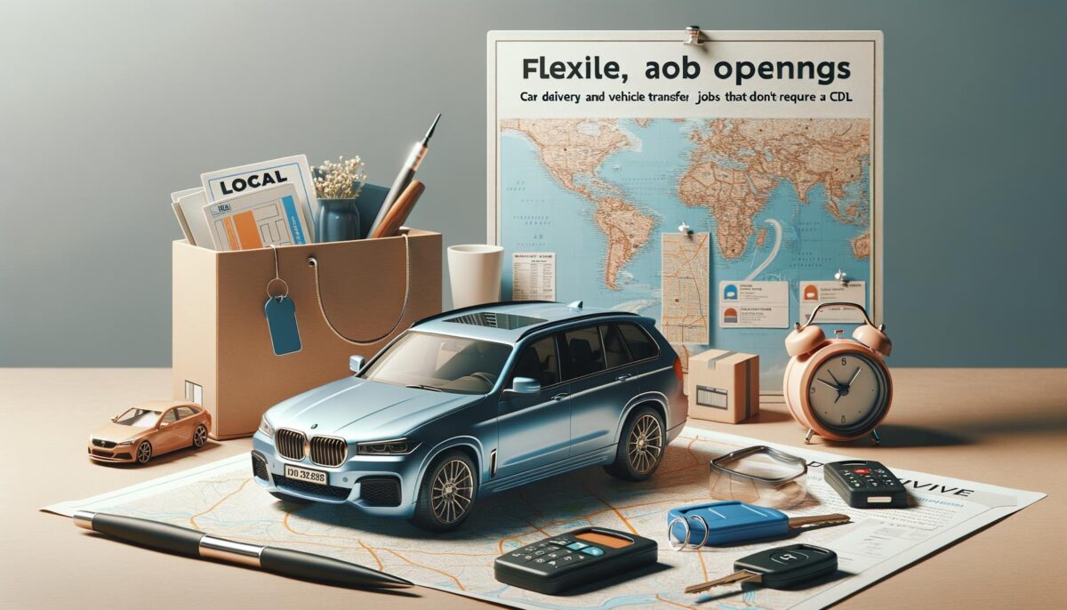 A model SUV on a map surrounded by keys, a clock, phone, toy car, and a box with rolled papers and a plant, with a map and a board in the background reading "Flexible, job openings."