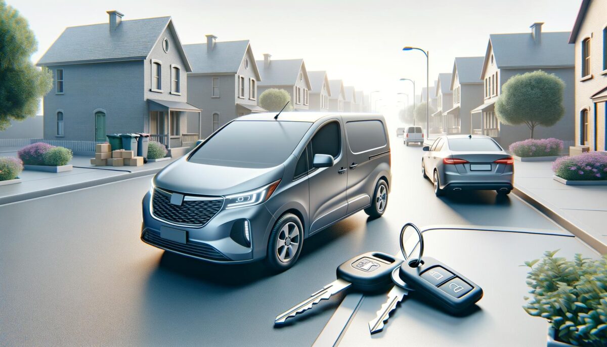 Silver van on suburban street with two keys in the foreground.