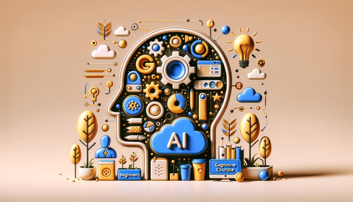 Illustration of a human head filled with gears, circuits, and cloud icons labeled "AI," surrounded by plants, light bulbs, and user icons.