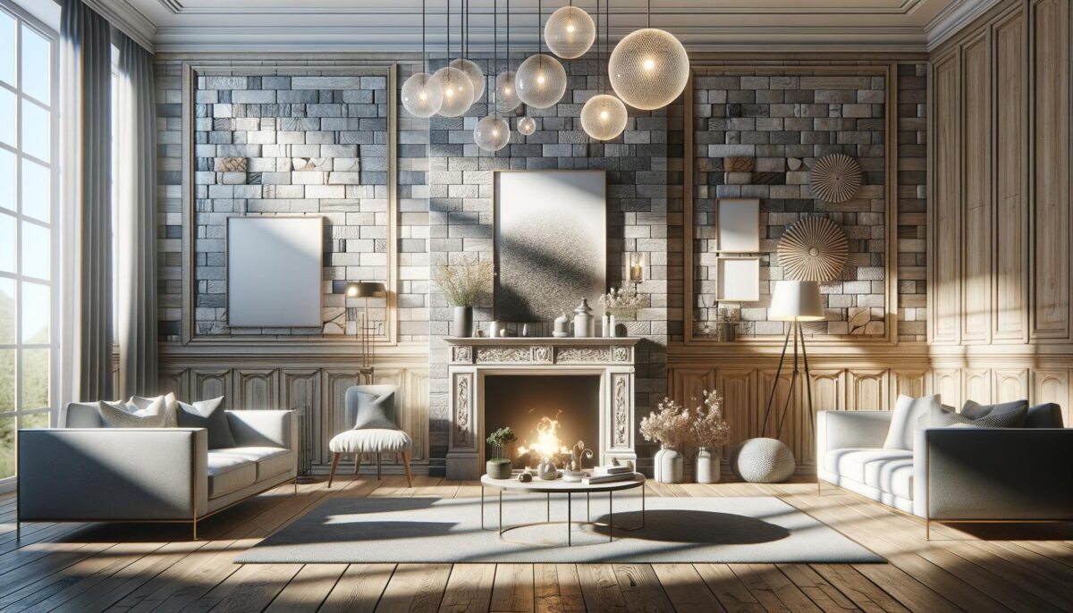 Elegant living room with stone and wood walls, modern furniture, a fireplace, and hanging globe lights.