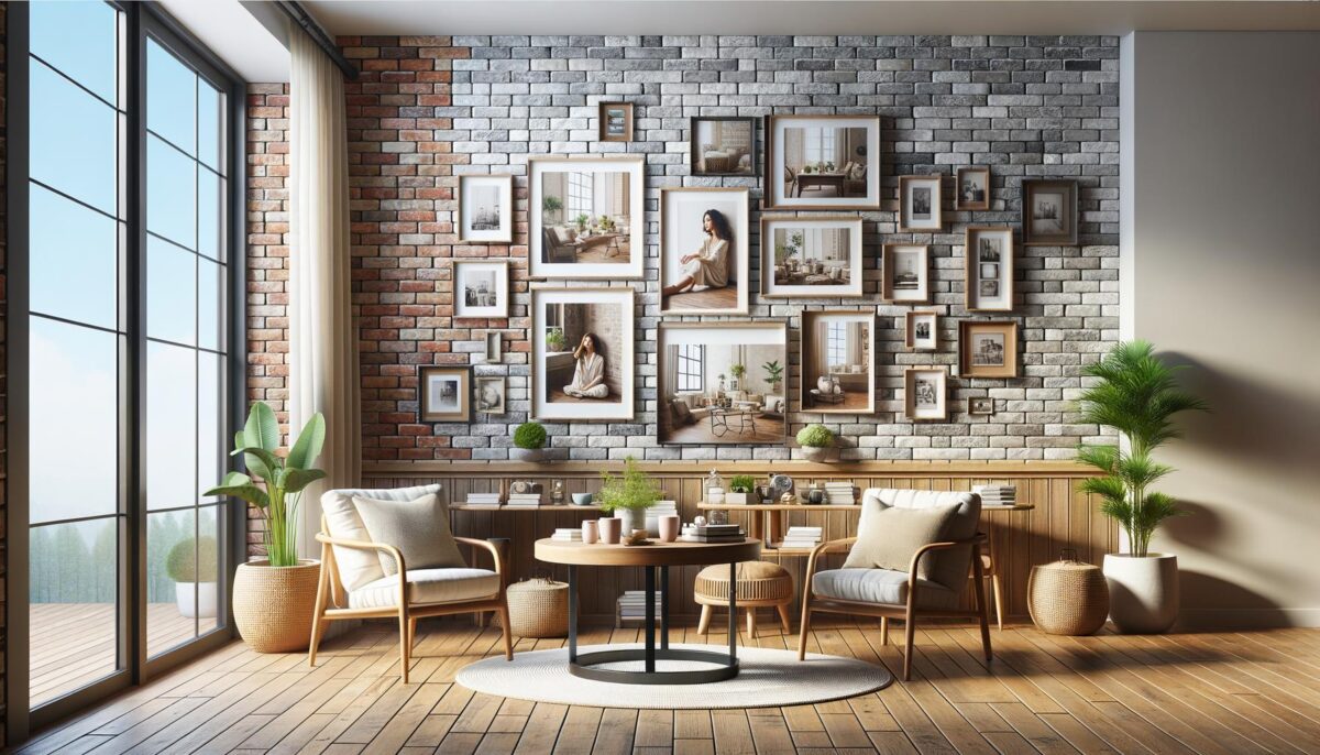Cozy room with brick wall, large window, armchairs, round table, plants, and a collage of framed photos.