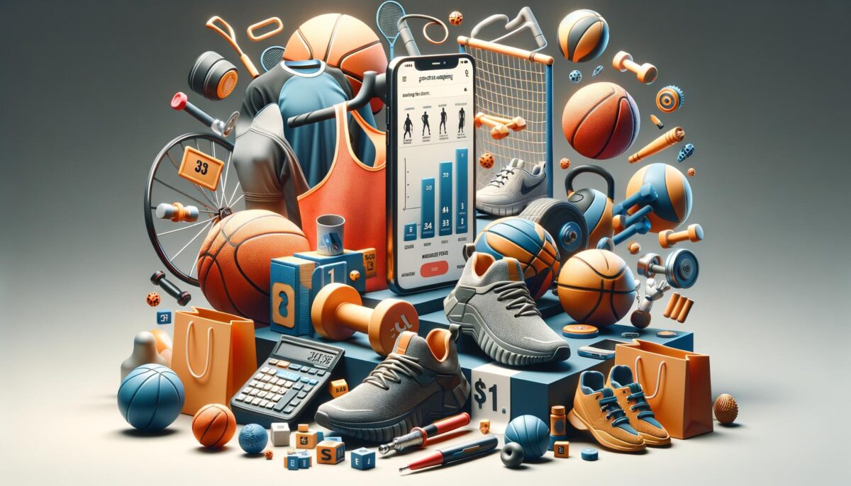 Collage of sports equipment, shoes, and a smartphone displaying a fitness app with bar charts.