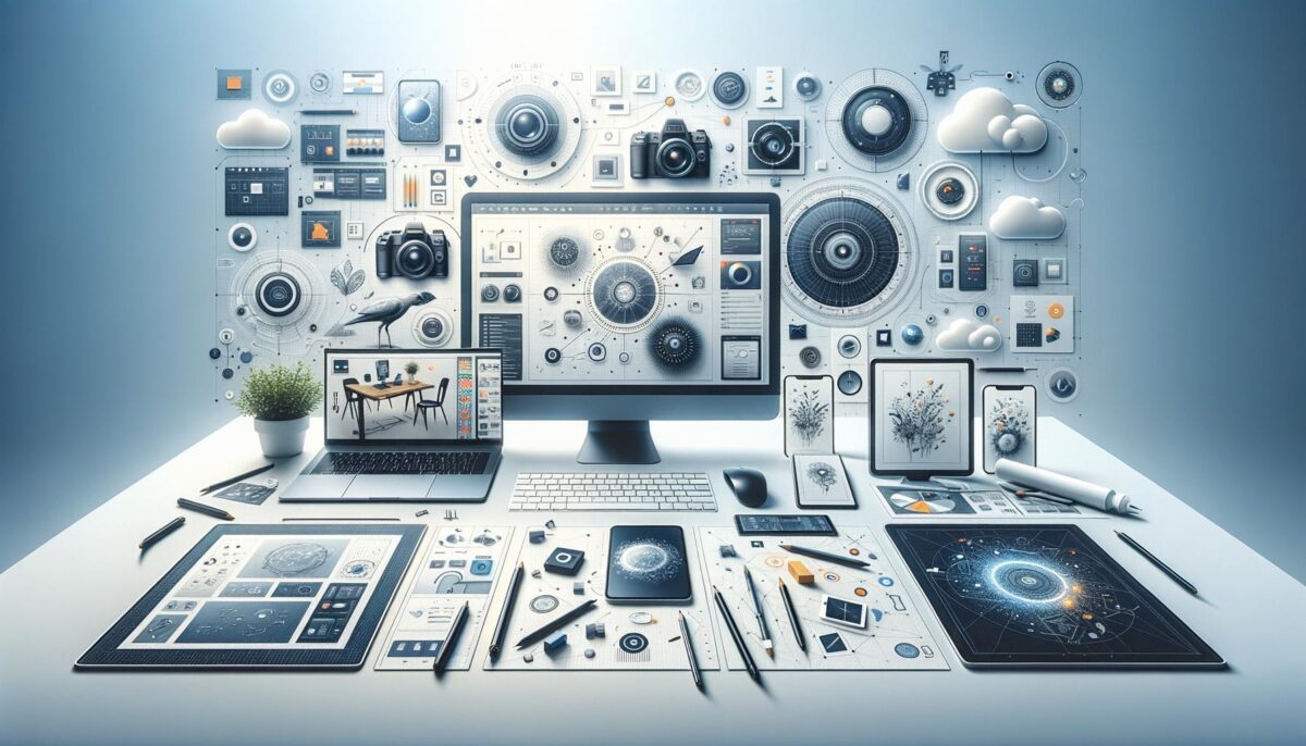Futuristic workspace with computer, tablets, and digital design elements floating around.