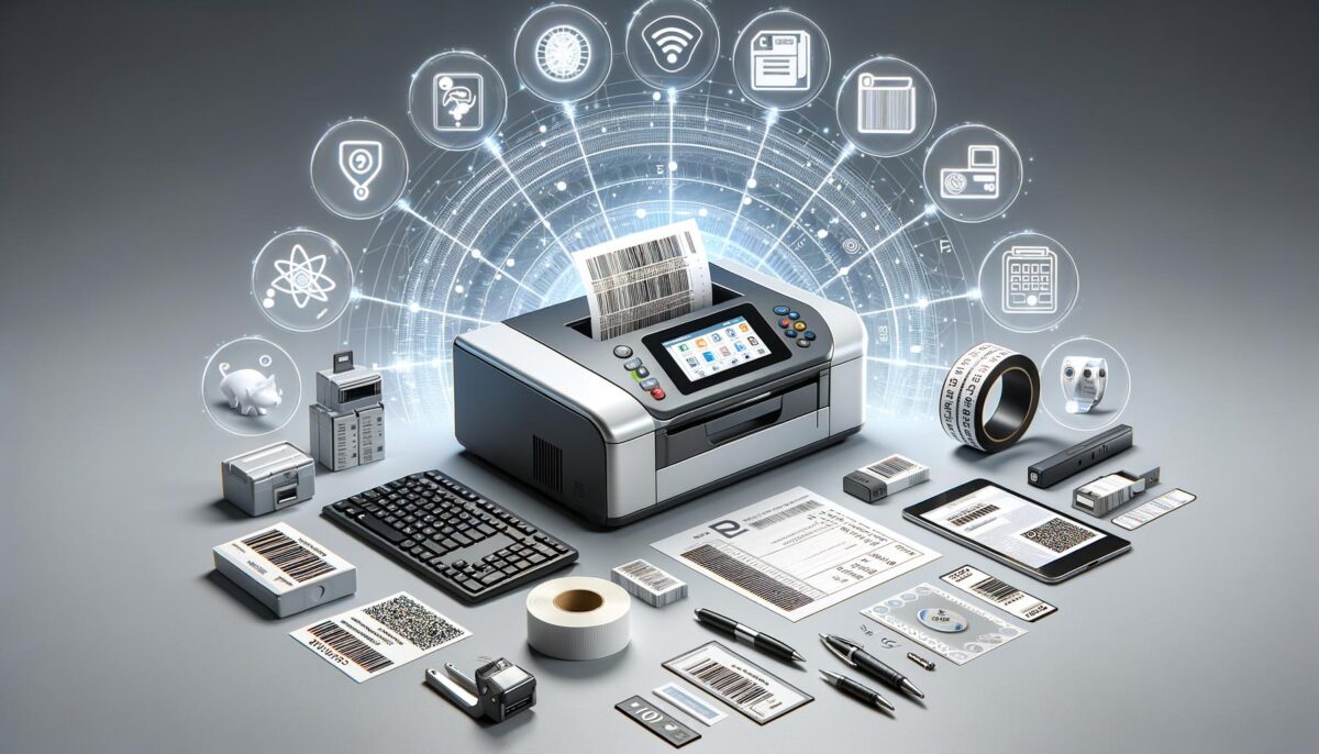 A digital printer on a desk surrounded by various barcodes, labels, and tech devices, with digital icons above.