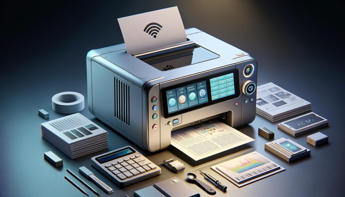 Futuristic printer on a desk with office supplies, printing a colorful document.