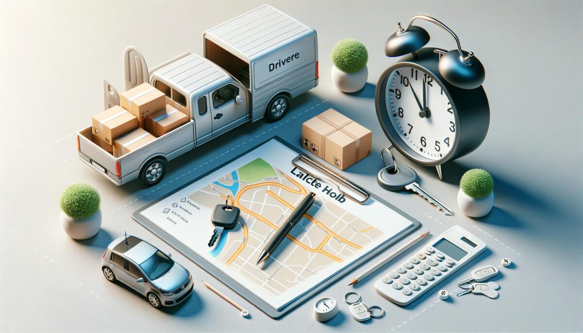 A delivery truck and small car with packages, clock, map, keys, calculator, and small plants.