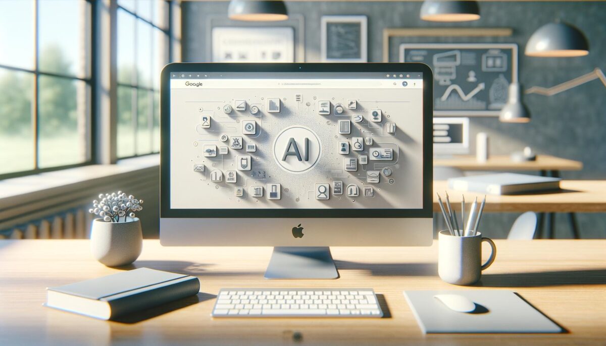 A desktop computer in an office displays a webpage with AI-related icons.