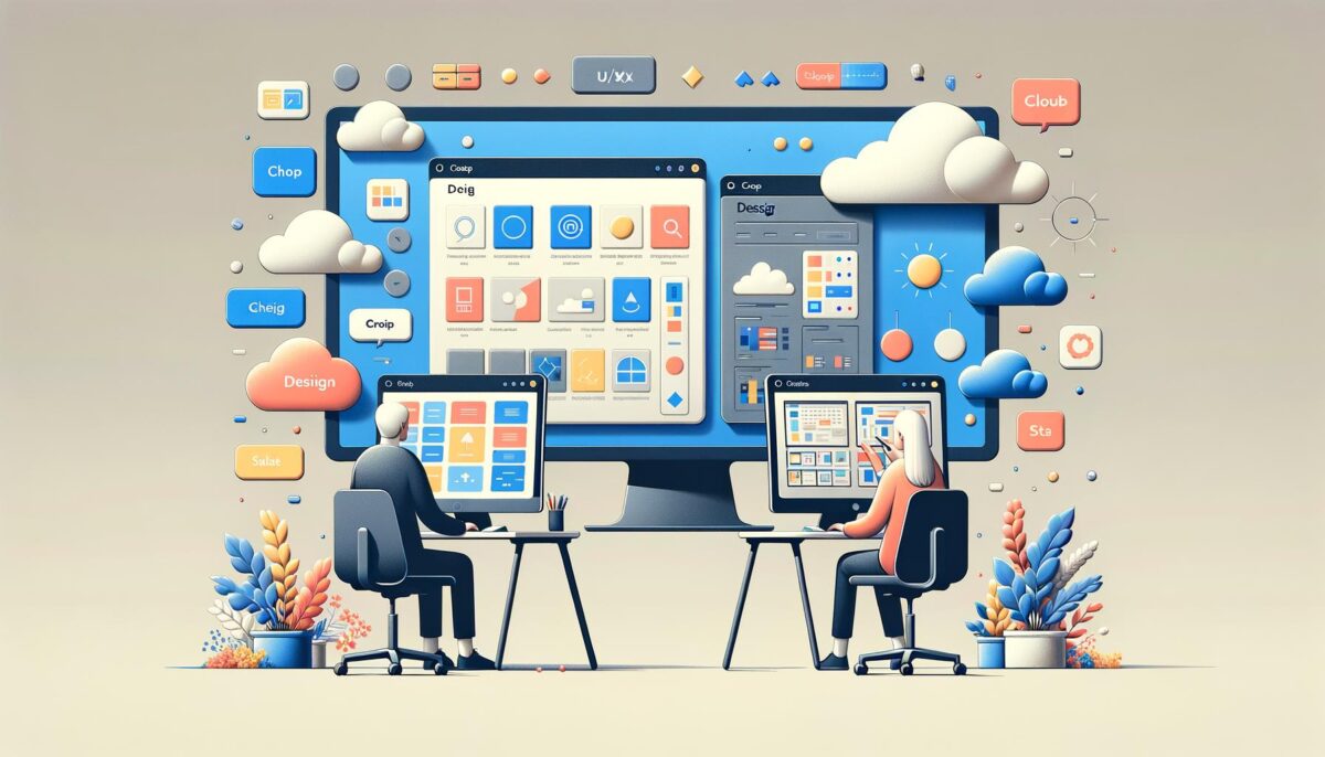 Two people work on computers with colorful UI/UX design elements, clouds, and plant decorations surrounding them.