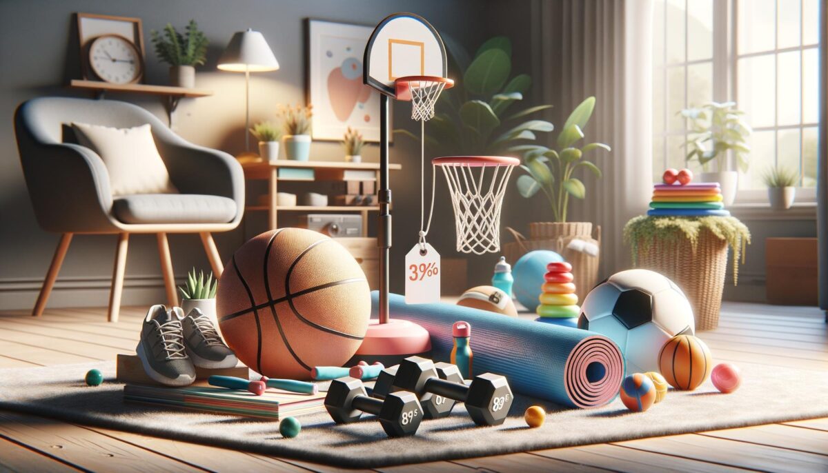 Sports equipment in a cozy room with a basketball, sneakers, dumbbells, small basketball hoop, and a soccer ball on a rug.
