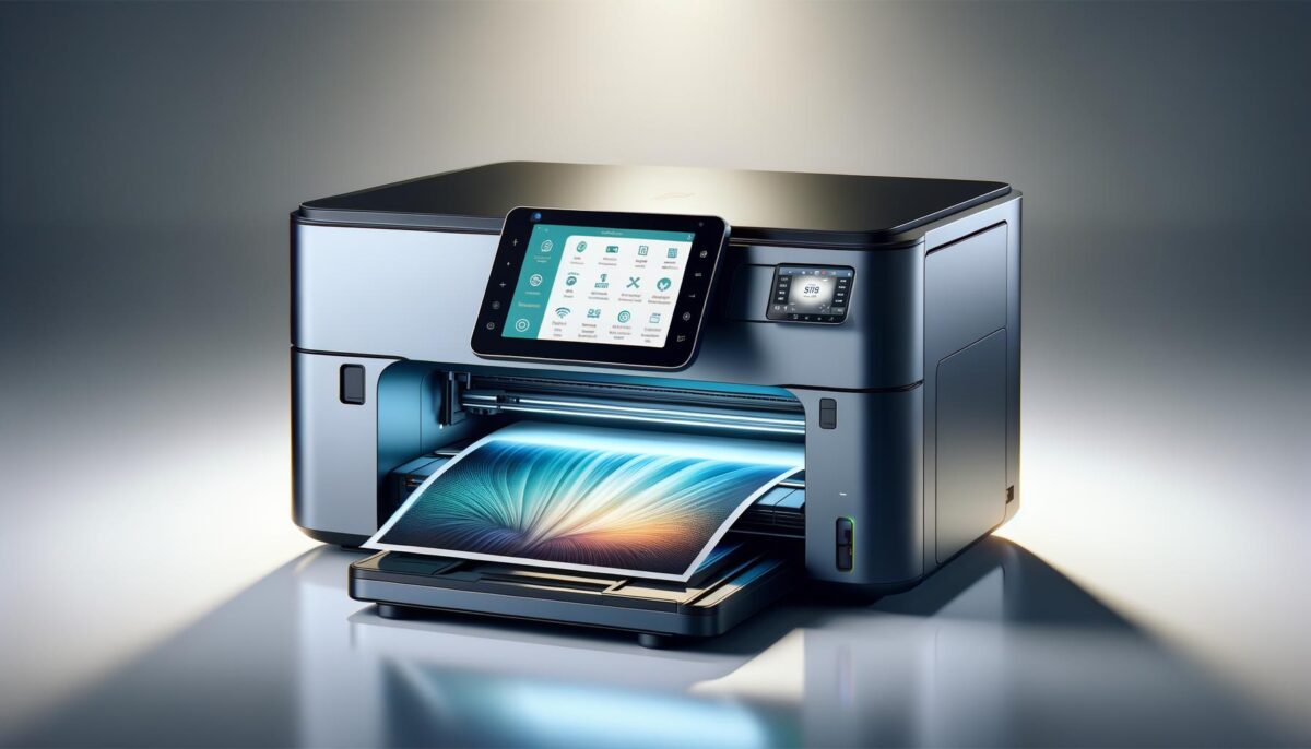 A modern printer with a touchscreen interface, printing a colorful, abstract image.