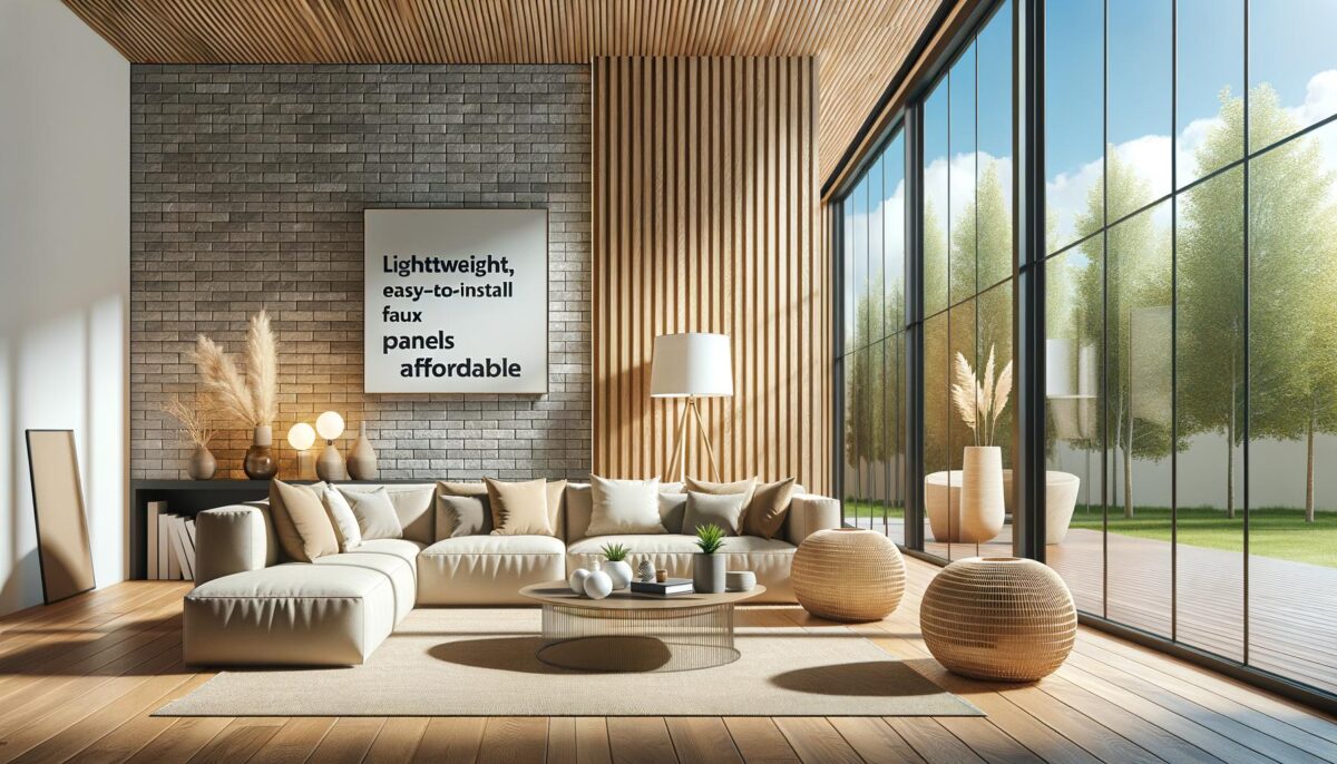 Modern living room with large windows, light-colored sofa, and wooden accents.