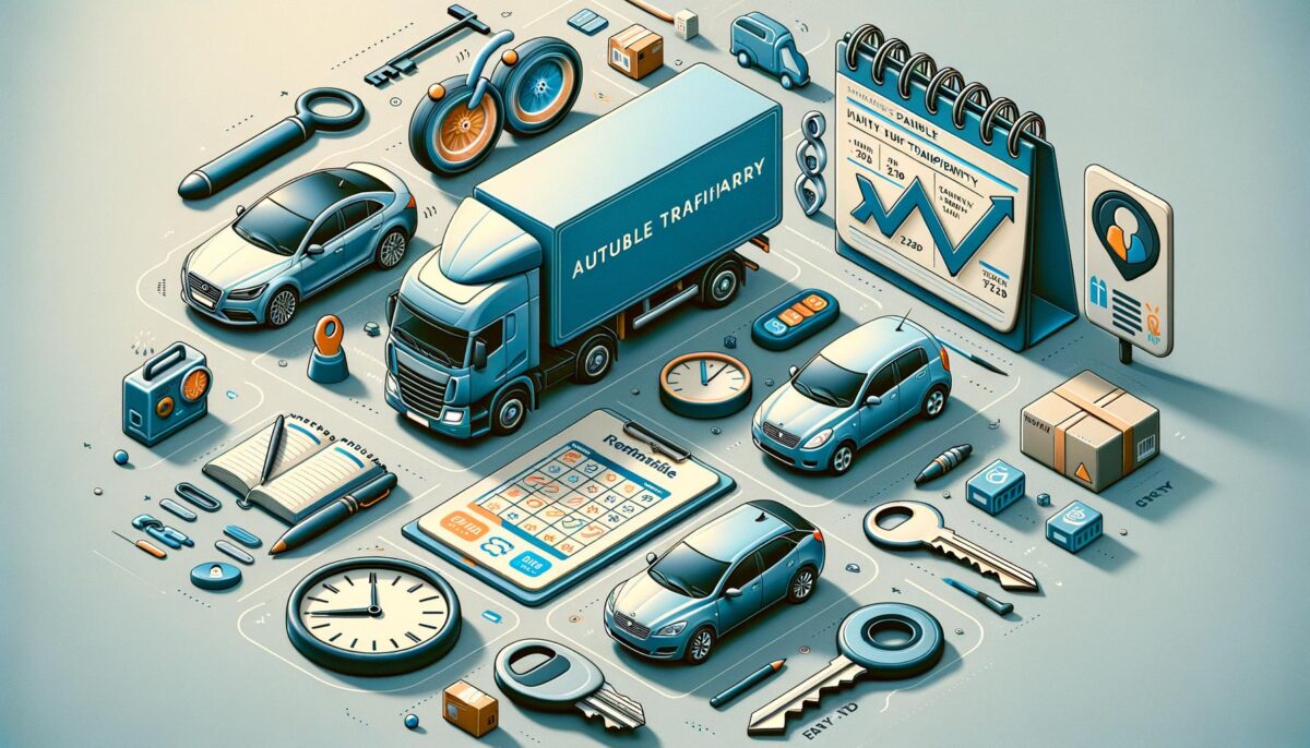 Illustration of vehicles, keys, and various transport-related items in a stylized layout.