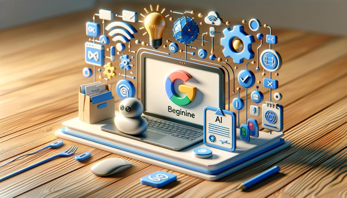 A 3D illustration of a laptop with the Google logo and "Beginine" on the screen, surrounded by floating digital icons, a small robot, and AI elements, all on a wooden desk.