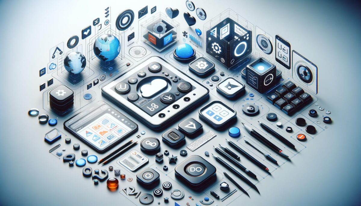 Futuristic interface with icons, globes, and digital elements in blue and gray tones.