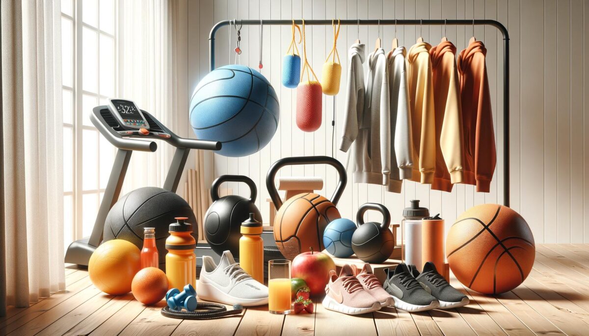 A bright room with gym equipment, including a treadmill, basketballs, kettlebells, sports shoes, hoodies on a rack, water bottles, and fruit on a wooden floor.