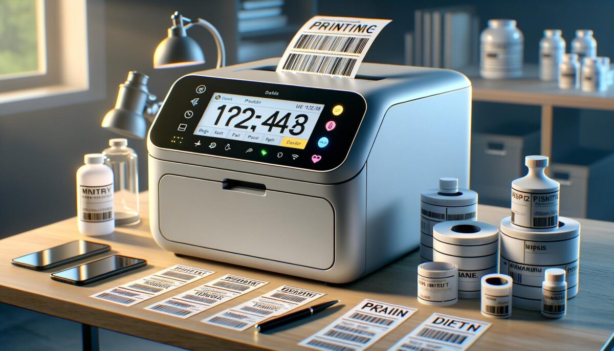 A desktop label printer is surrounded by bottles, rolls of labels, and barcode printouts on a wooden table.