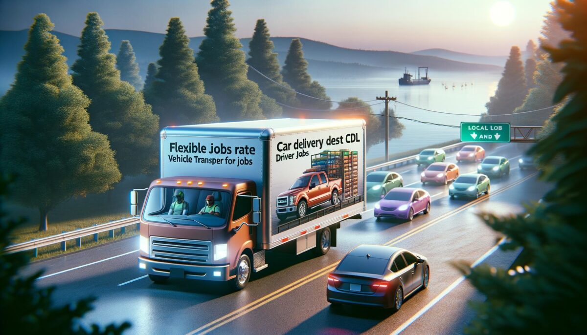 Truck on highway advertising driver jobs, surrounded by cars, trees, and a lake at sunset.