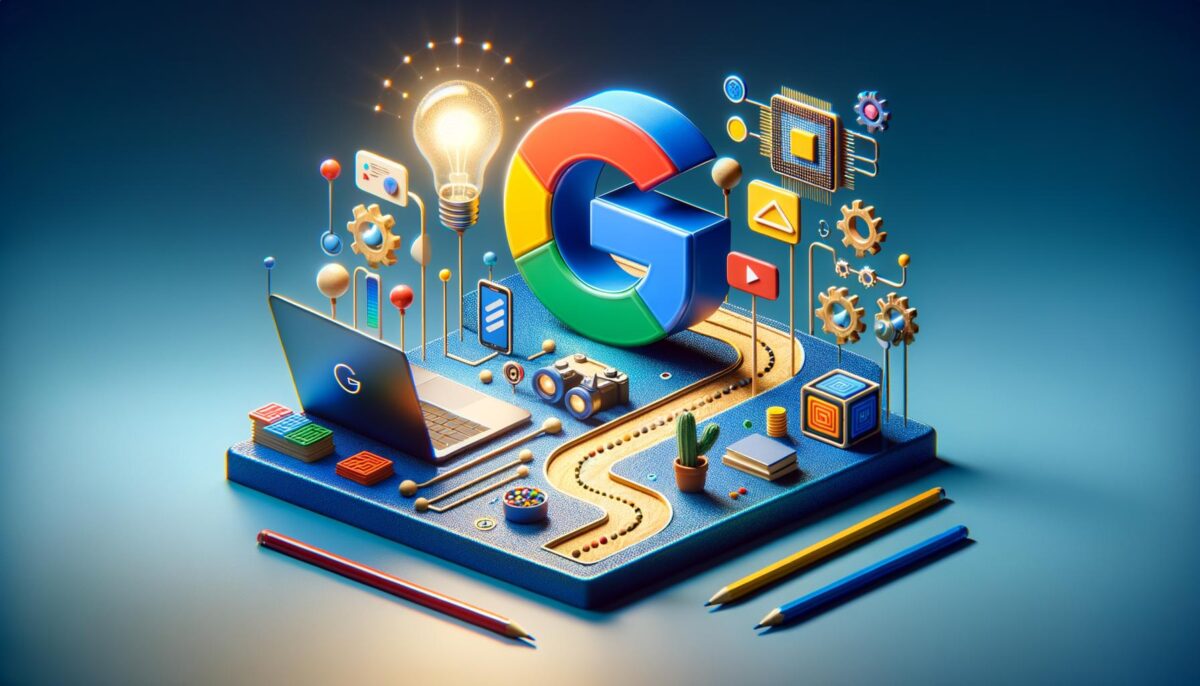 3D Google logo with tech-themed decorations like gears, lightbulb, laptop, and colorful elements.