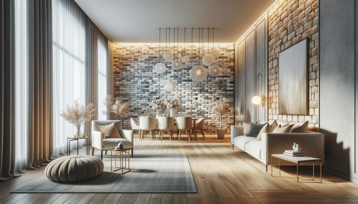 Modern living and dining room with brick wall, soft lighting, neutral-toned furniture, and large windows.