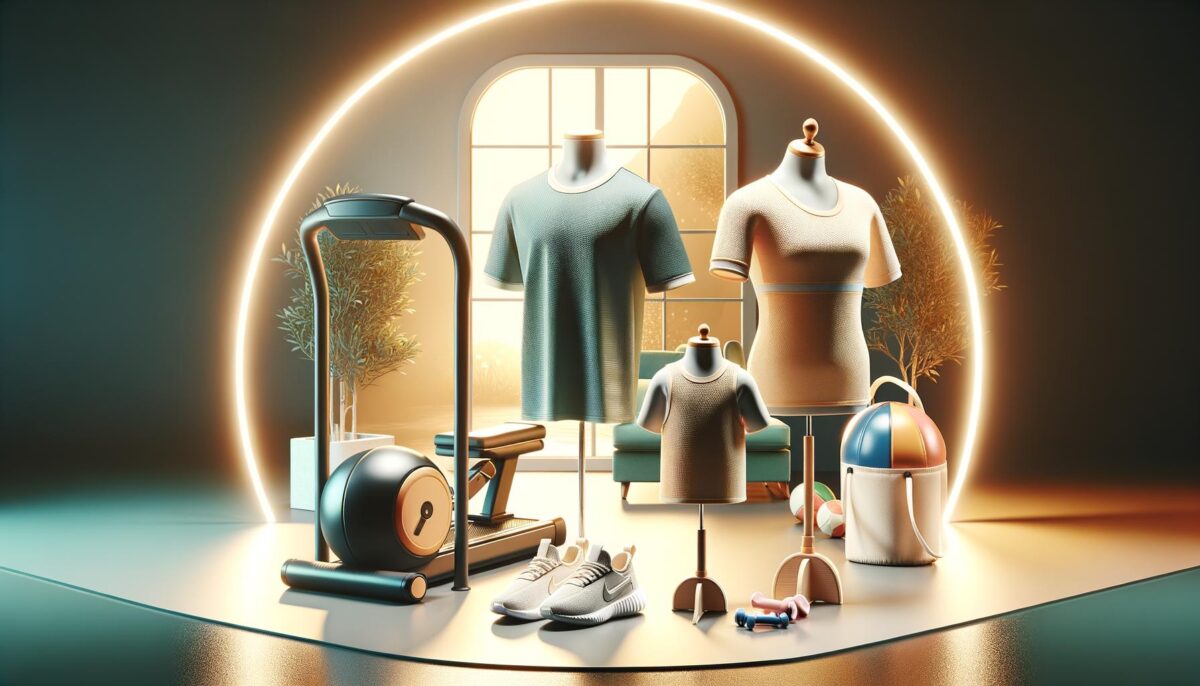 A stylish room with exercise equipment, clothing on mannequins, sneakers, books, and decor items.