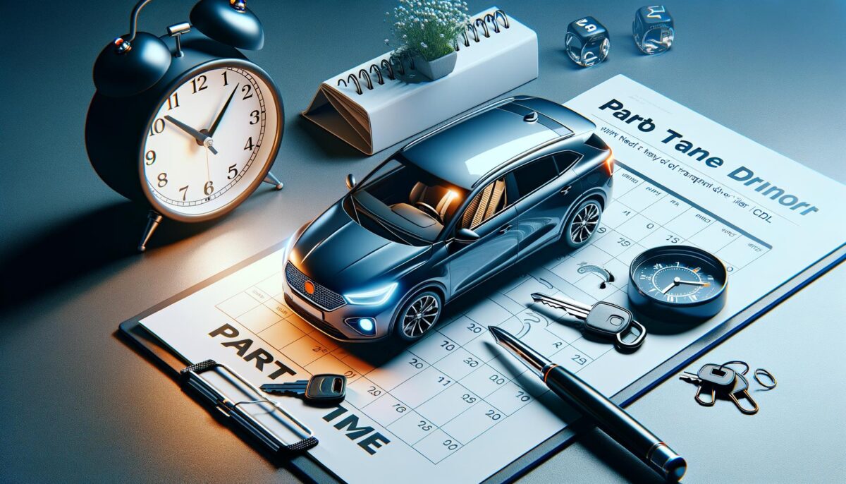 A small model car on a calendar, surrounded by an alarm clock, keys, dice, a pen, and a plant.